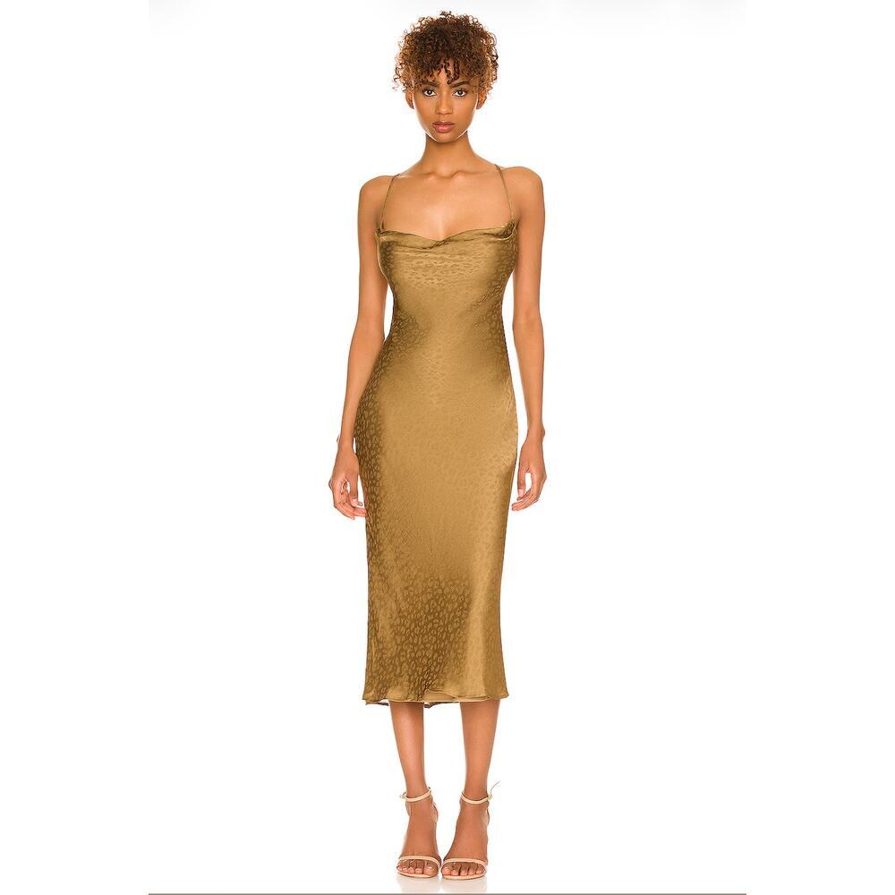 Lovers + Friends Lauren Leopard Print Satin Midi Slip Dress in Gold Size XL